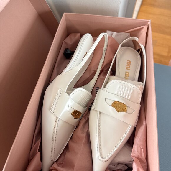 NWT Miu Miu Sling Back Mules White Leather Pointed Toe Kitten Heels Sz 36 - Picture 4 of 11
